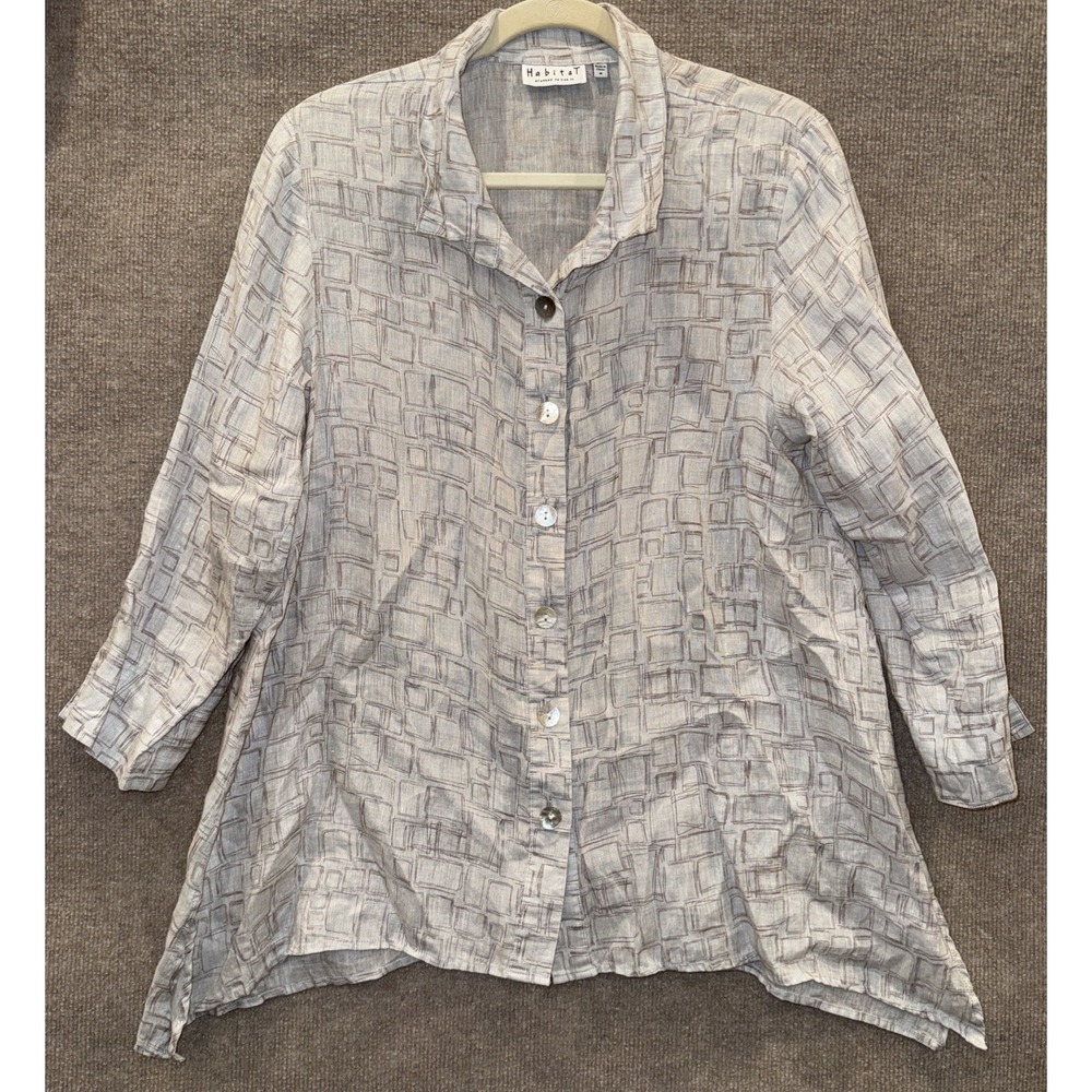 Habitat Light Grey Geometric Linen Button up Asymmetrical Tunic Coastal Artsy M